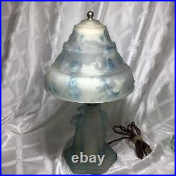 Antique Frosted Glass 12 Art Deco Boudoir Lamp Dutch Couple Windmill Geese