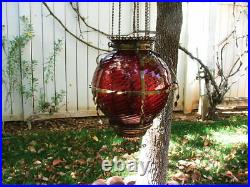 Antique GWTW Victorian HANGING HALL or ENTRY LAMP, Ruby Red Swirled Art Glass