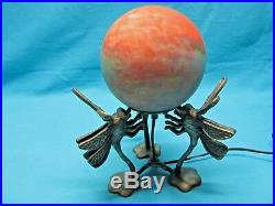 Antique Heavy Brass Art Deco Dragonfly Accent Lamp Light Glass Globe Shade Rare