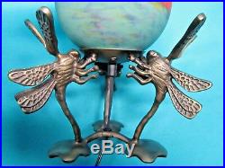 Antique Heavy Brass Art Deco Dragonfly Accent Lamp Light Glass Globe Shade Rare