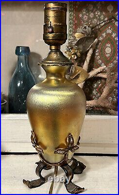 Antique Iridescent Gold Aurine Quezal Glass Lamp withArts & Crafts Bronze Base