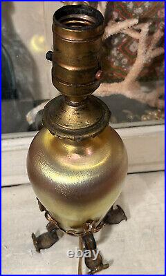 Antique Iridescent Gold Aurine Quezal Glass Lamp withArts & Crafts Bronze Base