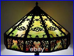 Antique LEADED STAINED SLAG GLASS Table Lamp ARTS CRAFTS Nouveau SHADE & BASE