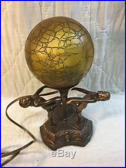 Antique Lamp Art Deco Bronze Nudes Holding Crackle Glass Globe Frankart Nuart