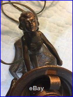 Antique Lamp Art Deco Bronze Nudes Holding Crackle Glass Globe Frankart Nuart