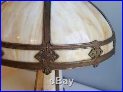 Antique Lighted Base Slag Glass 6 Panel Electric Table Lamp Arts & Crafts Style