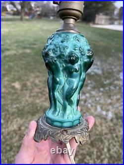 Antique Malachite Art Glass Lamp Art Deco Hoffmann Boudoir Parlor Nude Vase