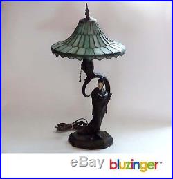 Antique Mephistopheles Art Deco Table Lamp with Leaded Green Slag Glass Shade