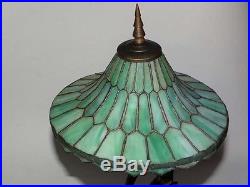 Antique Mephistopheles Art Deco Table Lamp with Leaded Green Slag Glass Shade