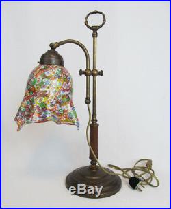 Antique Millefiori Murano Fancy Art Glass Shade 19 Metal Wood Accent Desk Lamp