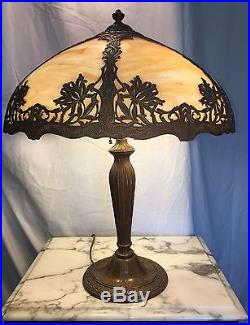 Antique Miller Art Nouveau Caramel Slag Glass Filigree Metal Shade Table Lamp