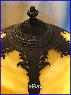 Antique Miller Art Nouveau Caramel Slag Glass Filigree Metal Shade Table Lamp
