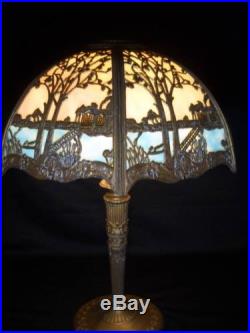 Antique Miller Art Noveau Curved Slag Glass Table Lamp Great Color & Detail