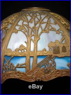 Antique Miller Art Noveau Curved Slag Glass Table Lamp Great Color & Detail