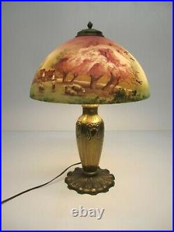 Antique Miller Brass Iron Table Lamp Art Nouveau Hand Painted Milk Glass Shade