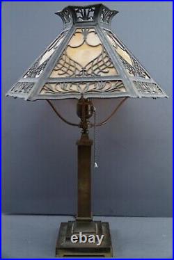Antique Miller Lamp Co. Metal Filigree Slag Glass 6 Panel Lamp Arts & Crafts