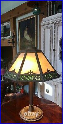 Antique Miller Lamp Co. Metal Overlay Two-tone 12 Panel Slag Glass Lamp Signed