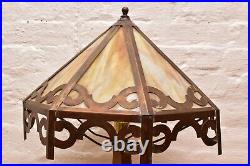 Antique Mission Arts Crafts Copper Slag Stained Glass Table Lamp Vintage 23