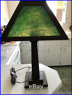 Antique Mission Arts & Crafts Oak Green Slag Glass Lamp 1/2 Of Mfg. Seal
