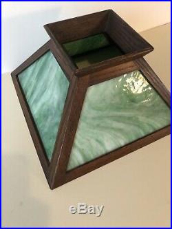 Antique Mission Arts & Crafts Oak Green Slag Glass Shade for Mission Oak Base