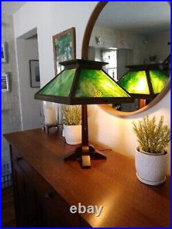 Antique Oak Mission Arts and Crafts Era Slag Glass Lamp 25 Tall