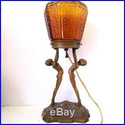 Antique Original FRANKART NUART Bronzed Spelter Ladies ART DECO LAMP Glass Shade