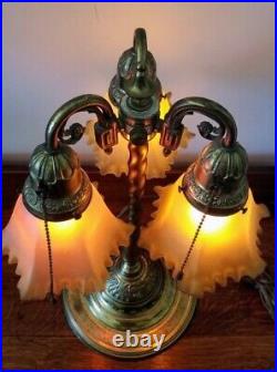Antique Ornate 3-Arm Brass Lamp with Glass Shades Signed