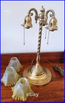 Antique Ornate 3-Arm Brass Lamp with Glass Shades Signed