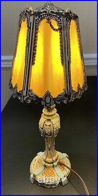 Antique Ornate Art Nouveau Barbola Boudoir Vanity Table Lamp Slag Glass Shade