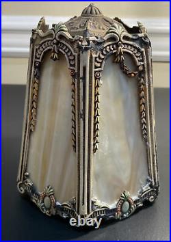 Antique Ornate Art Nouveau Barbola Boudoir Vanity Table Lamp Slag Glass Shade