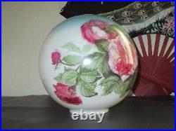 Antique Painted ROSES Glass Ball 12 Shade GWTW Parlor Lamp Flowers 4 fitter