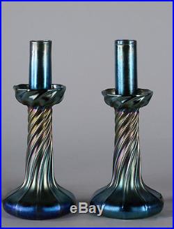 Antique Pair Tiffany Studios Blue Favrile Glass Candleholder Lamps Fine C. 1910