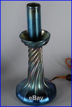 Antique Pair Tiffany Studios Blue Favrile Glass Candleholder Lamps Fine C. 1910