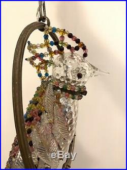 Antique Parrot Bird French Figural Art Deco Czech Glass Beaded Chandelier Lamp