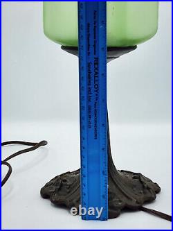Antique Pat. 1932 Green Uranium Art Glass Shade Bronze Base Boudoir Table Lamp