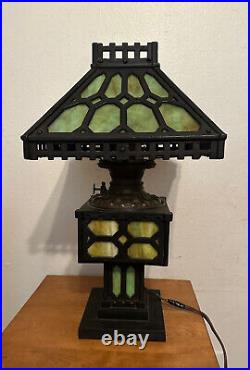 Antique Pittsburgh Arts & Crafts Era Green Slag Glass & Cast Iron Table Lamp 20