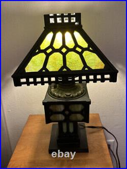 Antique Pittsburgh Arts & Crafts Era Green Slag Glass & Cast Iron Table Lamp 20