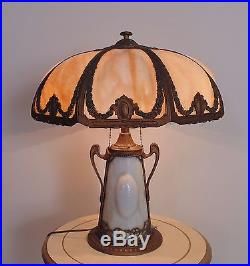 Antique Puffy Bent Slag Glass Table Lamp Victorian Art Nouveau