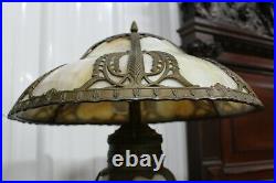 Antique Rare Figural Art Nouveau Bent Slag Glass Table Panel Lamp Lighted Base