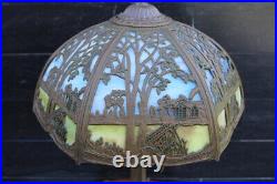 Antique Scenic Filigree Art Nouveau Table Lamp 6 Sides Shade 2 Slag Glass Colors
