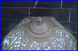 Antique Scenic Filigree Art Nouveau Table Lamp 6 Sides Shade 2 Slag Glass Colors