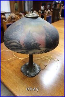 Antique Scenic Reverse Painted Table Lamp Pittsburgh Art Nouveau Winter Scene