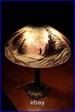 Antique Scenic Reverse Painted Table Lamp Pittsburgh Art Nouveau Winter Scene