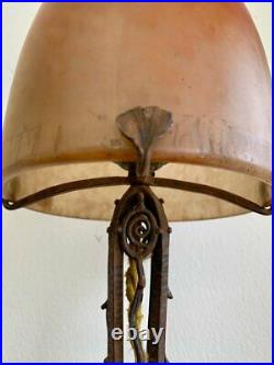 Antique Schneider Wrought Lamp Glass Iron French Foot Art Deco Orange Tulip 20th
