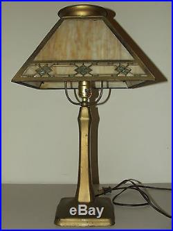 Antique Signed Handel Cast Iron Art Deco Tercota Slag Glass Table Lamp c. 1910