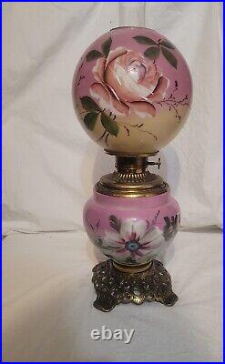 Antique Signed NB&IW Double Globe Handpainted Hurricane Oil Lamp
