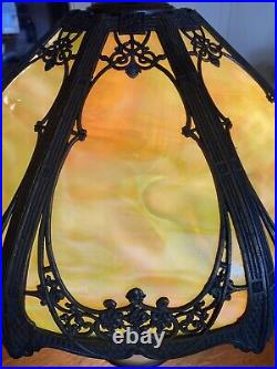 Antique Signed Rainaud Arts & Crafts Slag Glass Lamp B&H Era 8 Green Panels