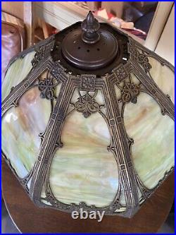 Antique Signed Rainaud Arts & Crafts Slag Glass Lamp B&H Era 8 Green Panels
