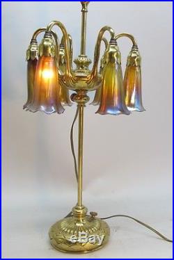 Antique Signed Tiffany Studios Gold Dore Lily 6-Lamp #28590 c. 1910 art glass
