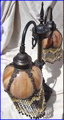 Antique Style Victorian Slag Glass Shade Beaded Fringe Art Deco Lamp